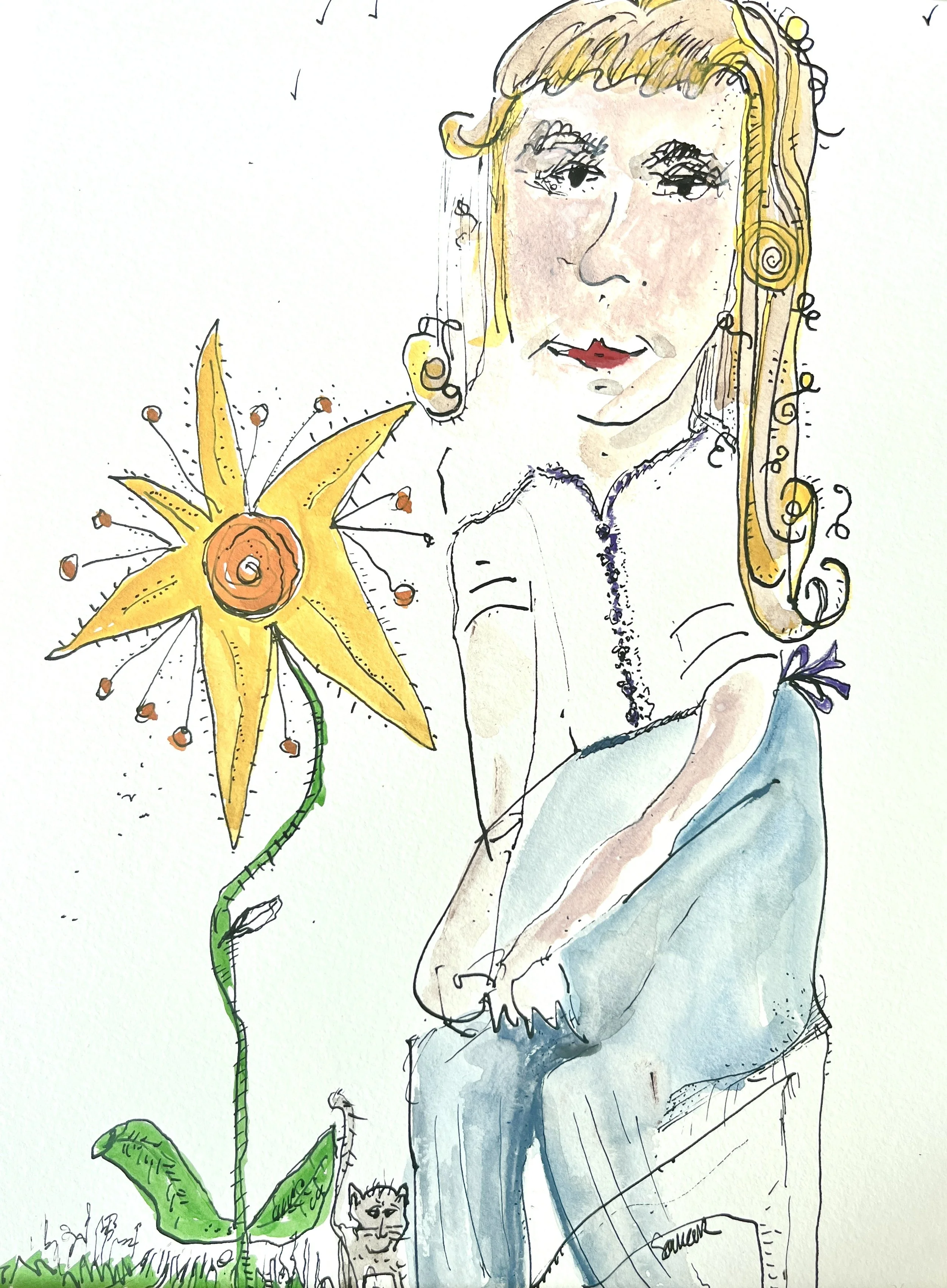 lady with cat and yellow flower