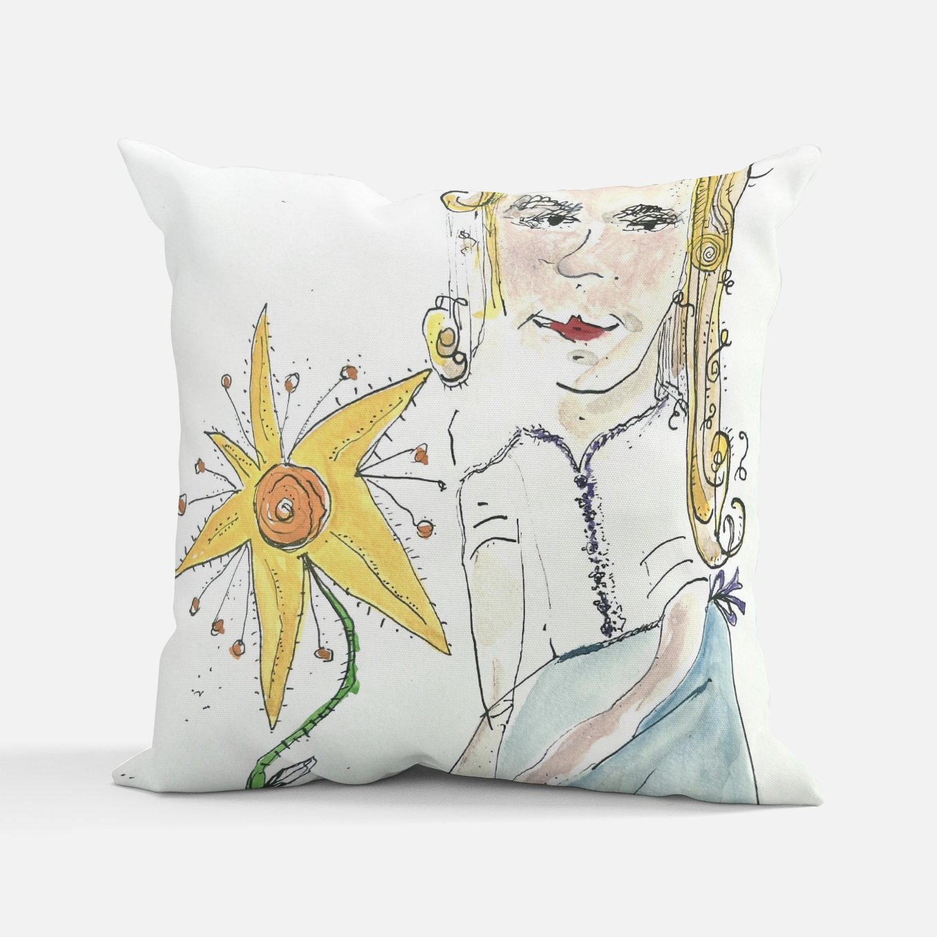 lady and yellow flower pillow