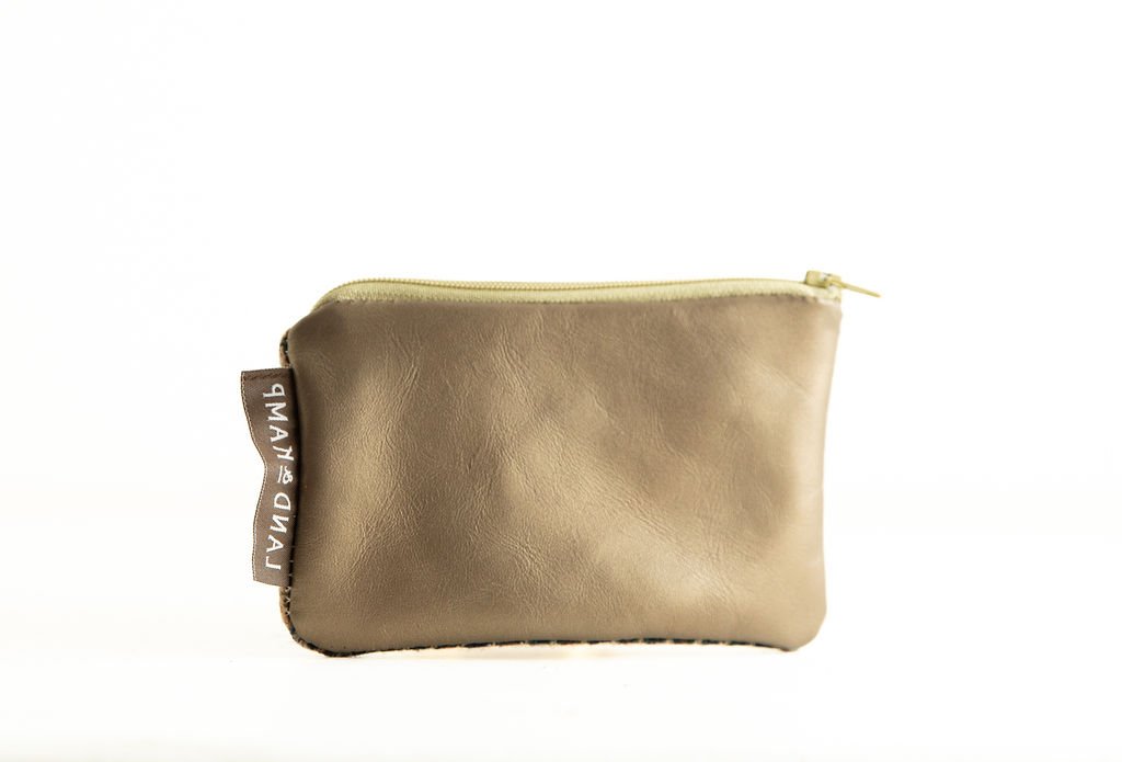 Backside in metallic leather Classic Houndstooth wool card pouch shown with detailed angles and premium interior lining