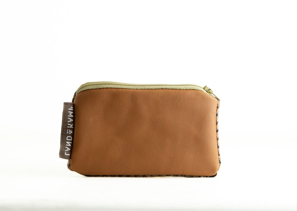 Backside in brown leather Classic Houndstooth wool card pouch shown with detailed angles and premium interior lining