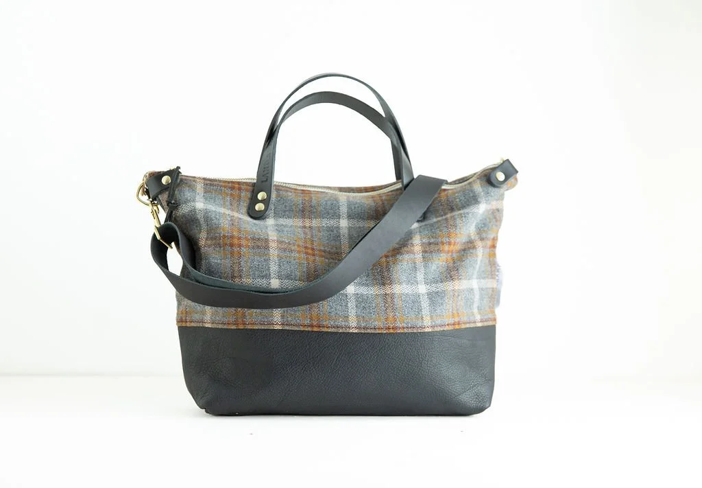 Grey and Gold Plaid wool crossbody purse shown with detailed angles and top-grain leather handles