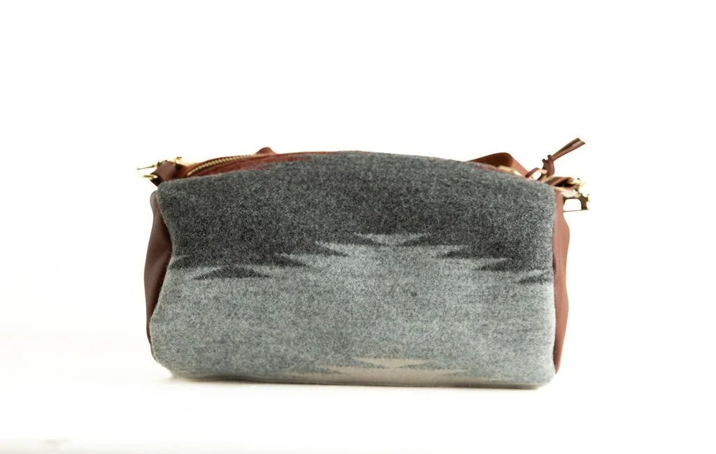 Handmade by Land and Kamp Anvil Cream pattern wool barrel crossbody bag with leather strap and trim, crafted in Portland