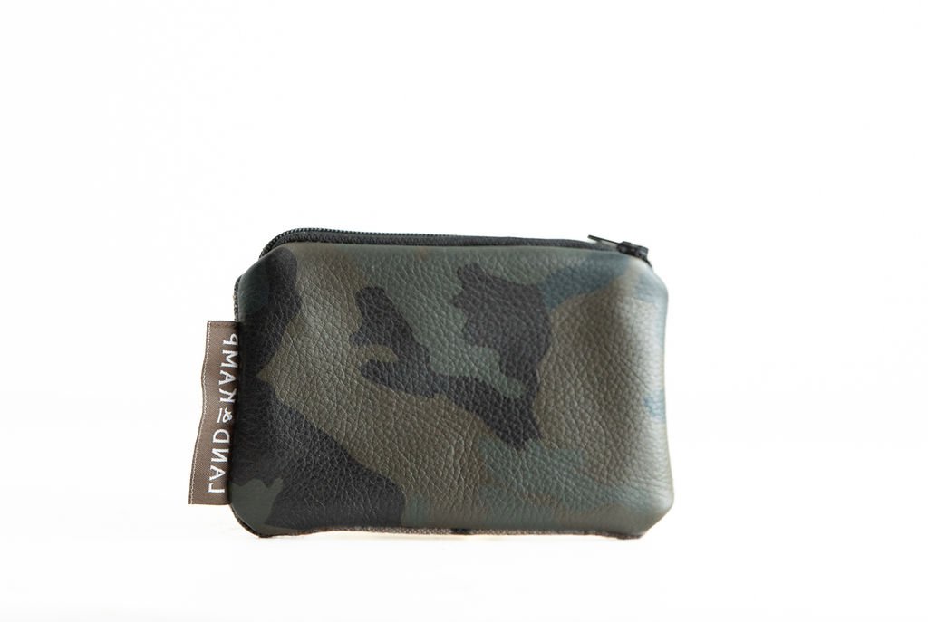 backside of Blue and Khaki wool card pouch shown with detailed angles and premium interior lining with camouflage leather