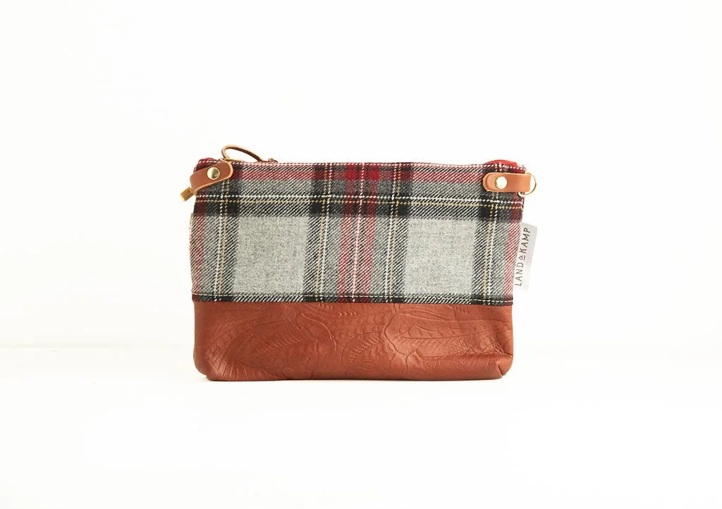 Handmade Pendleton Grey Stewart Tartan wool 3-in-1 wristlet purse with leather bottom and strap
