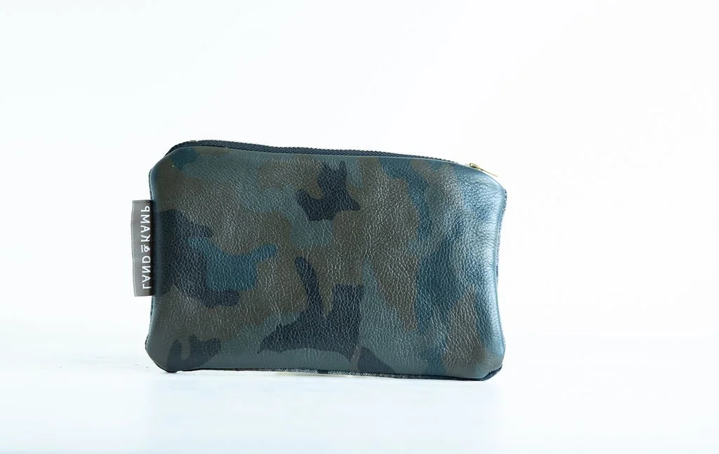 Camouflage Leather Backside Detail view of the Blue and Khaki wool pouch featuring YKK zipper and leather pull tag by Land & Kamp