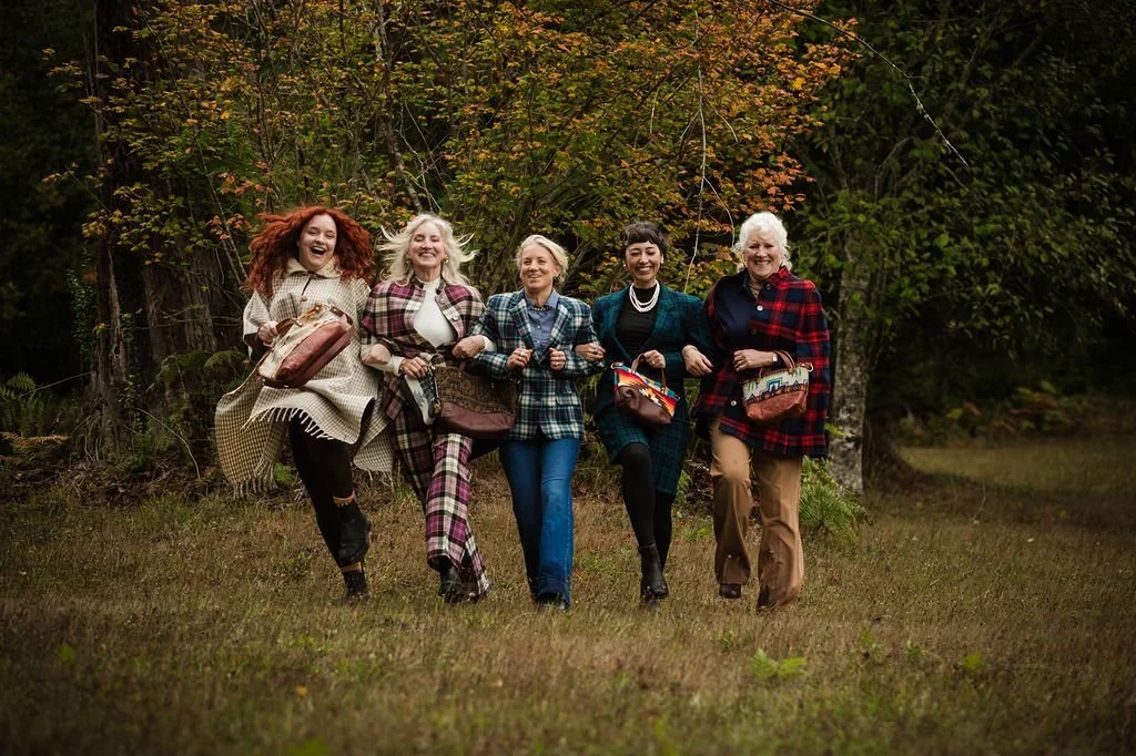 Love, story, and wool. Our Fall/Winter collection is officially here. Left to right: Wyley (little cousin), Carla (aunt), me, Alison (lifetime friend/honorary family), Mindy (mom). #handmade #pendletonwool #autumnfashion #luxurybags #winterwoolfashio