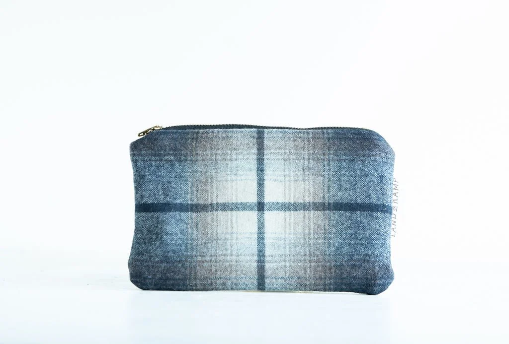 Handmade Blue and Khaki wool carry all zipper pouch with premium leather back, crafted in Portland
