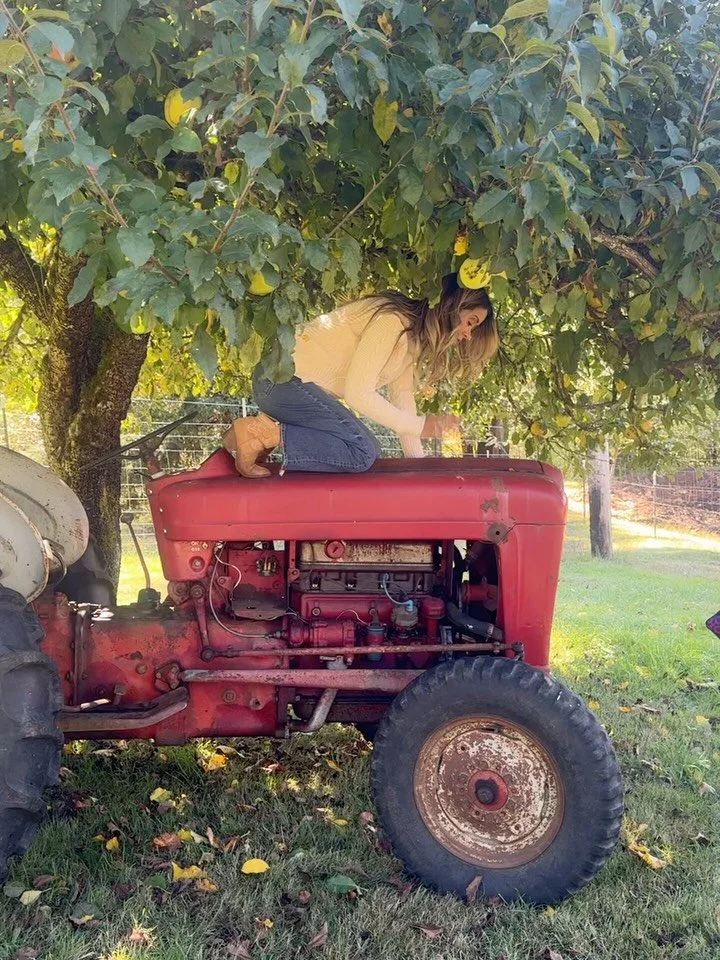 How it started and how it turned out 🚜🍎📸 Mae&rsquo;s always such a good sport when I ask her to crawl on a hood 💛✨ Autumn and Winter Collection coming soon.