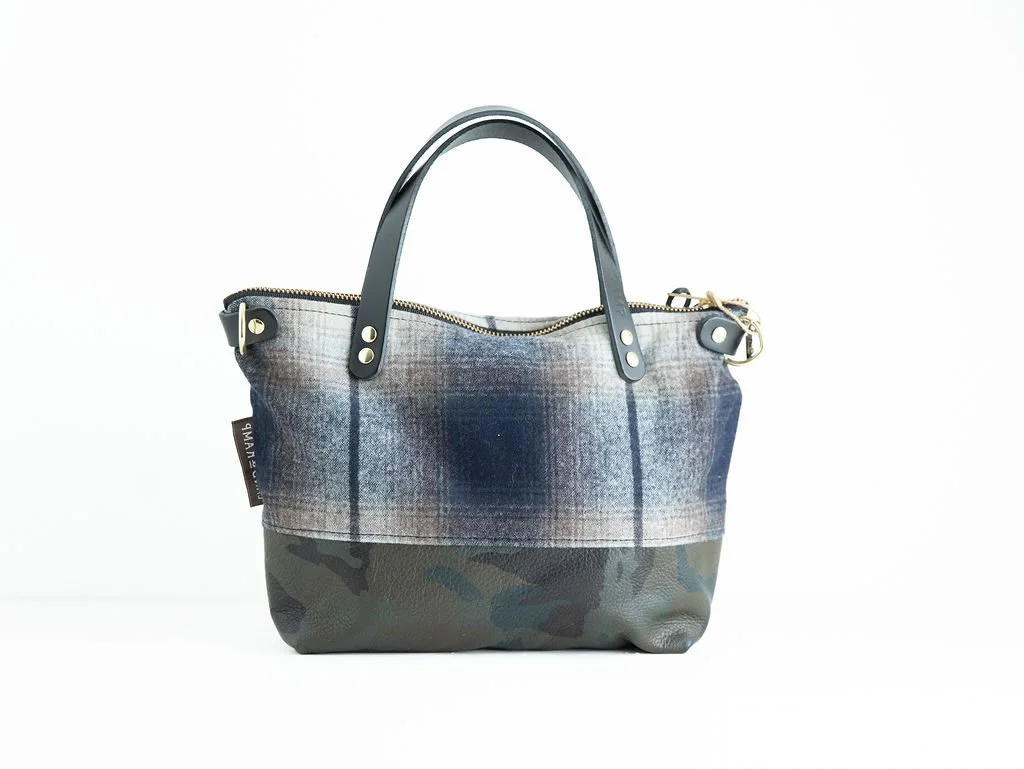 Handmade Pendleton Blue and Khaki Plaid wool Bitsy crossbody purse with camouflage leather bottom and handles