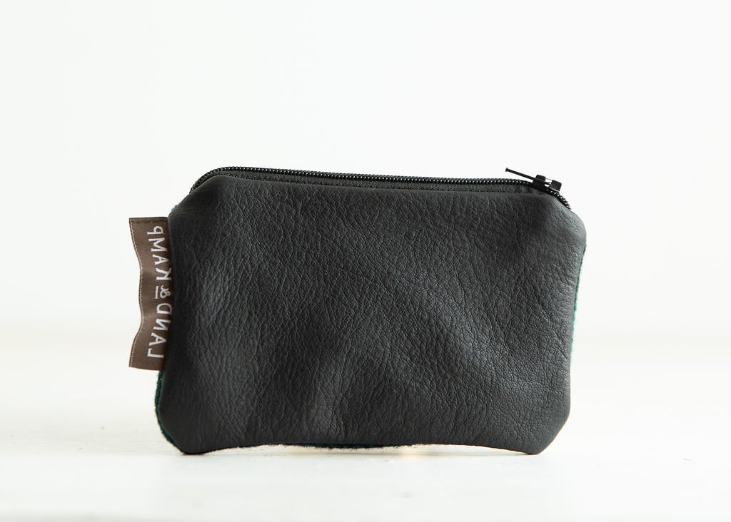 Backside of Black Watch Tartan wool card pouch shown with detailed angles and premium interior lining