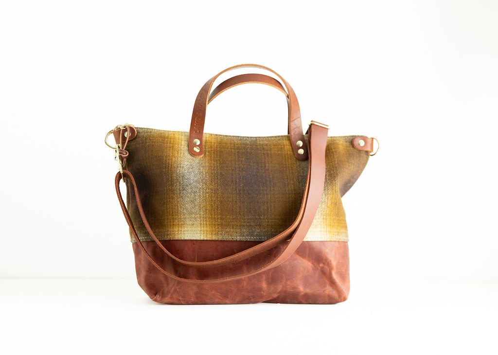 Brown and Gold Ombre wool crossbody purse shown with detailed angles and top-grain leather handles