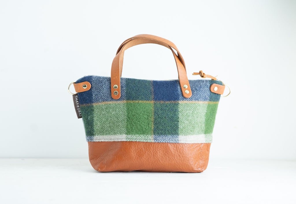 Handmade Pendleton Green and Blue Plaid wool Bitsy crossbody purse with brown leather bottom and handles