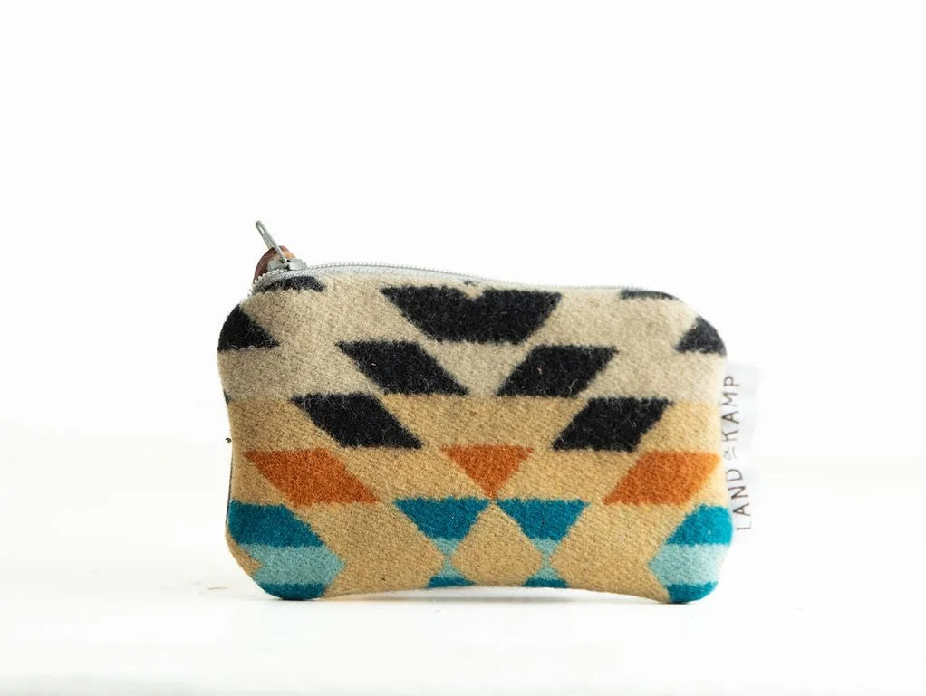 Handmade Rancho Arroyo Black wool card pouch with zipper and leather pull, crafted in Portland