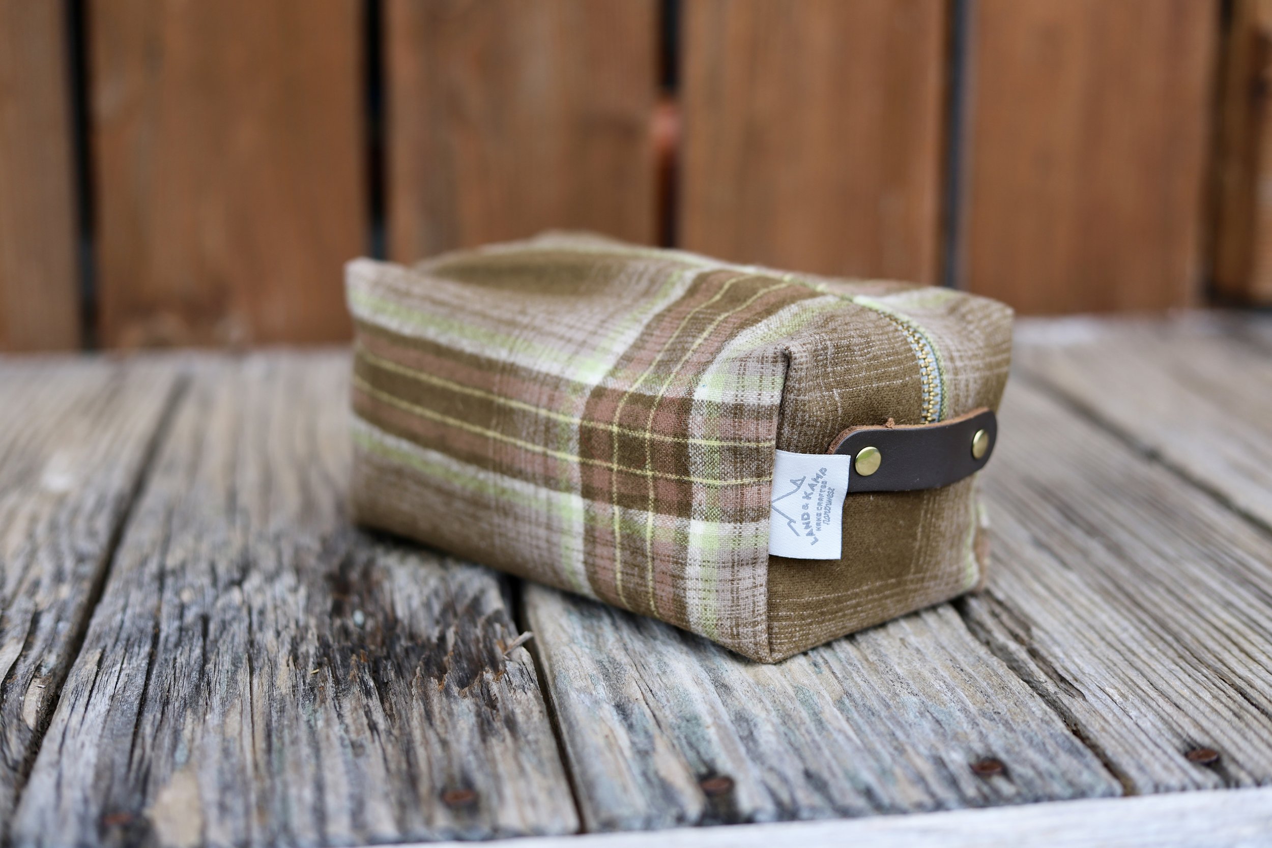 Travel Cosmetic Kit in Light Brown and Green Plaid Wool with Brown Tab