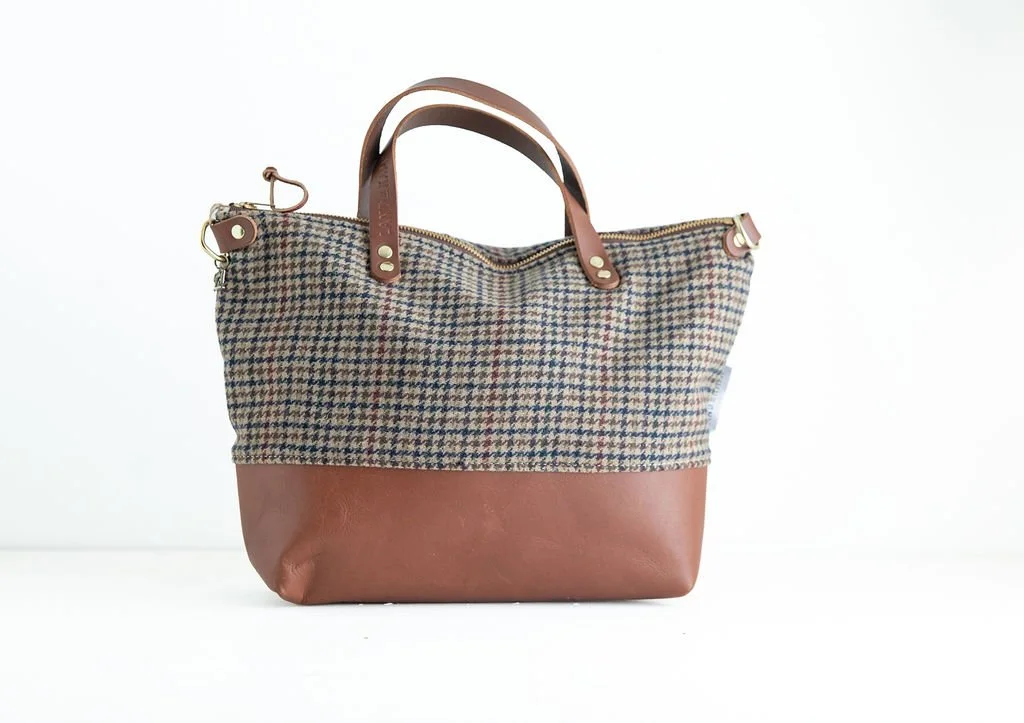 Handmade Classic Houndstooth wool crossbody purse with brown leather bottom and handles, crafted in Portland