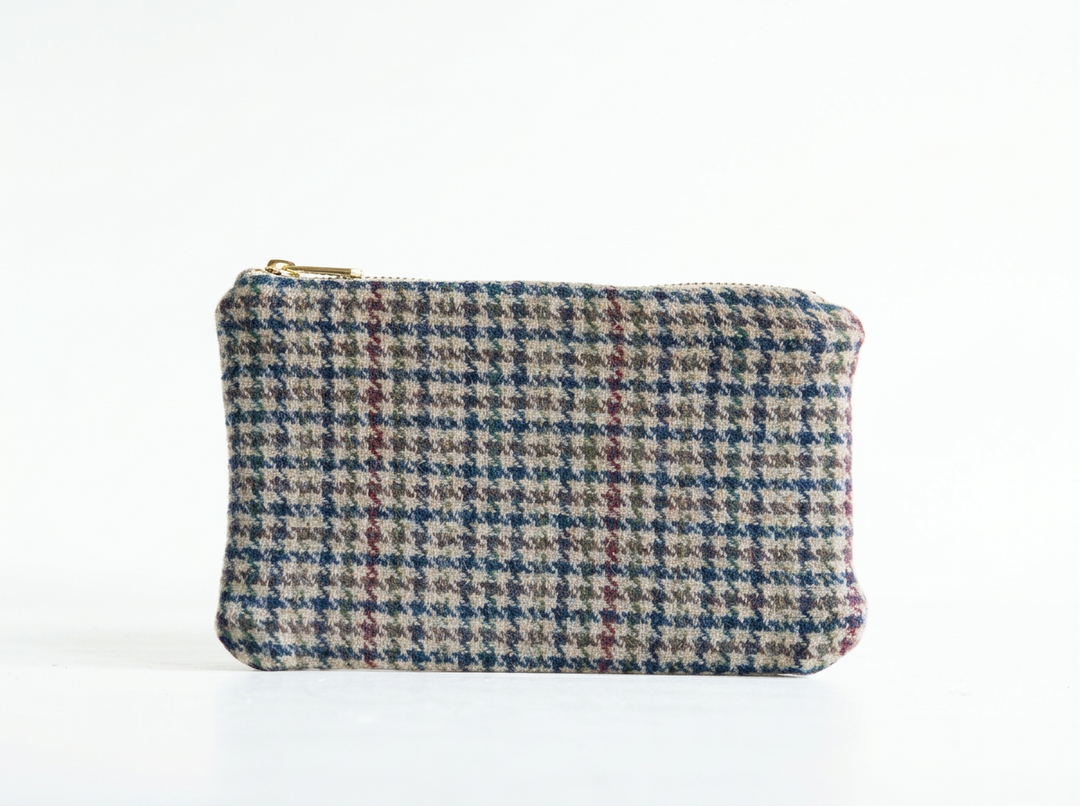Handmade Classic Houndstooth wool carry all zipper pouch with premium leather back, crafted in Portland
