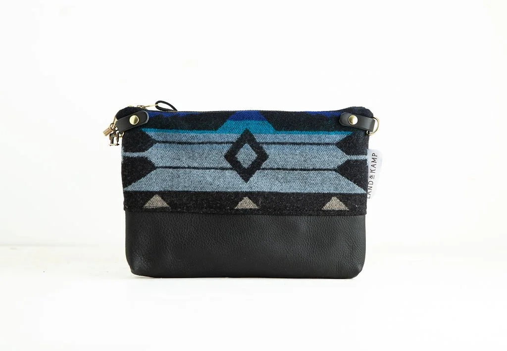 Handmade River Salmon wool 3-in-1 wristlet purse with leather bottom and strap, crafted in Portland