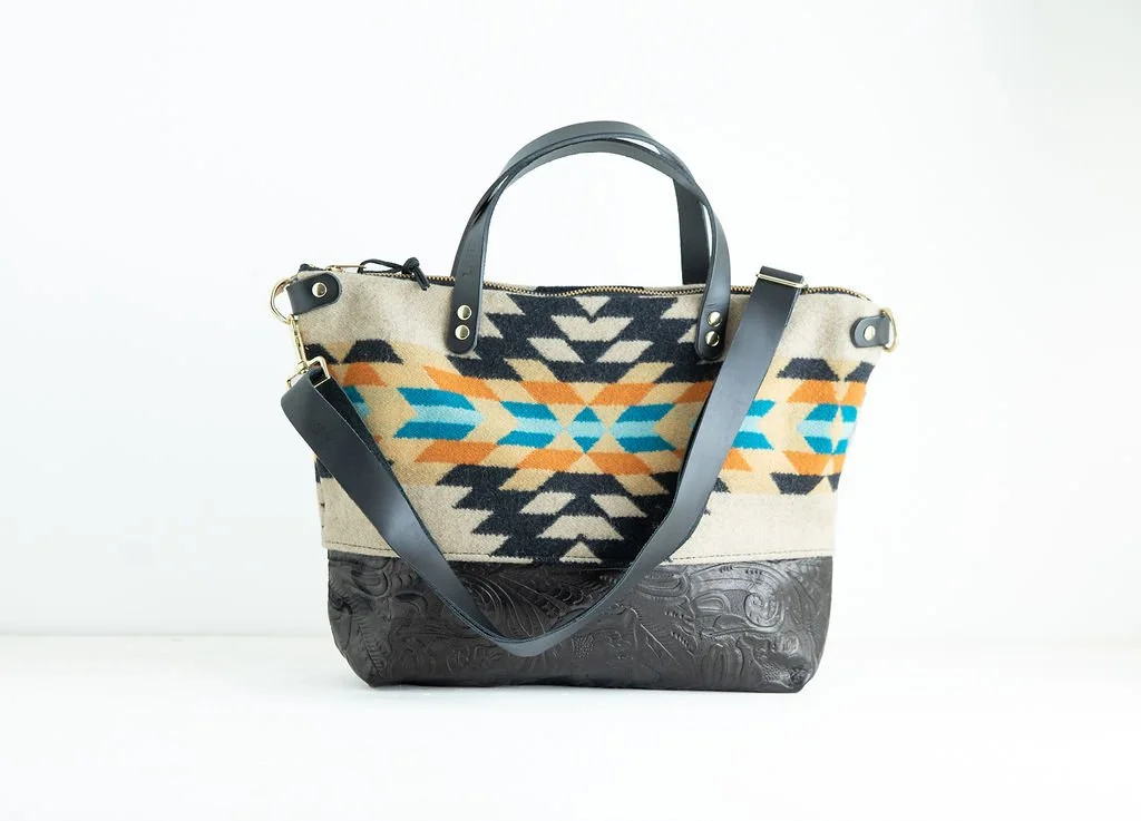 Arroyo Rancho Black wool crossbody purse shown with detailed angles and gorgeous stamped leather accents