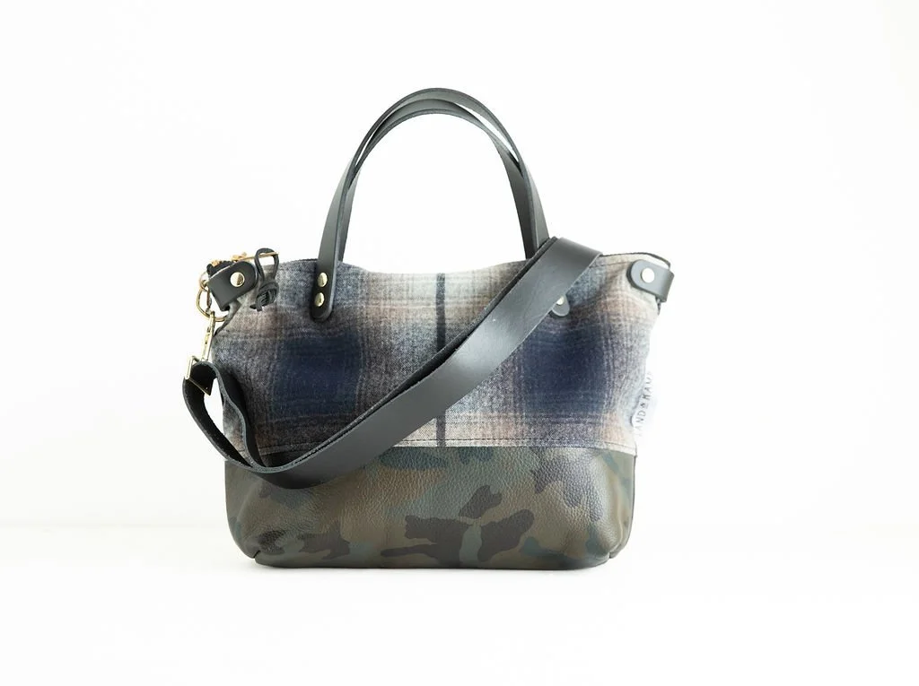 Detachable Strap detail view of the Wool Bitsy Crossbody Purse | Blue and Khaki Plaid featuring YKK zipper and camouflage leather trim by Land & Kamp