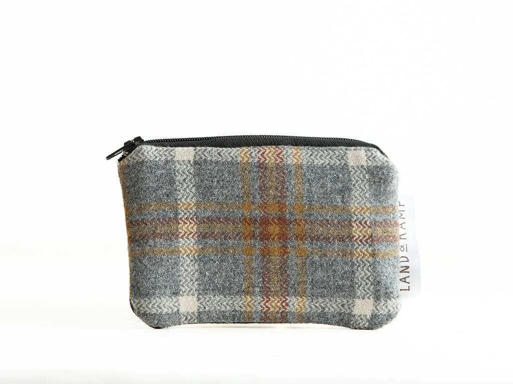 Handmade Grey and Gold wool card pouch with zipper and leather pull, crafted in Portland