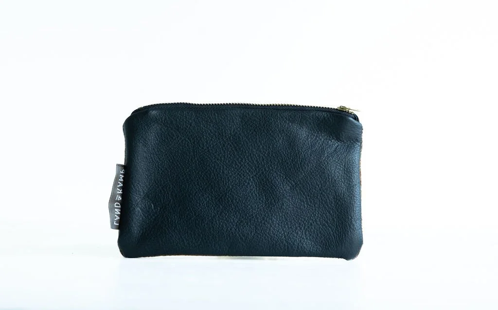 Backside Detail view of the Grey and Gold wool pouch featuring YKK zipper and leather pull tag by Land & Kamp