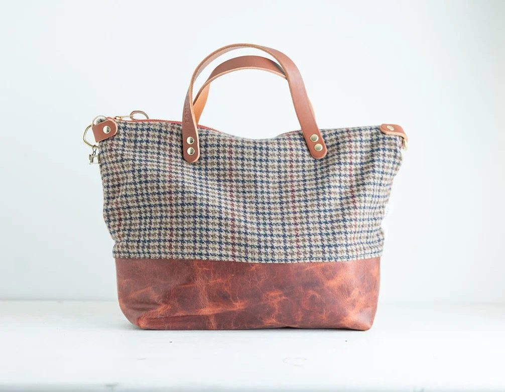 Handmade Classic Houndstooth wool crossbody purse with brown leather bottom and handles, crafted in Portland