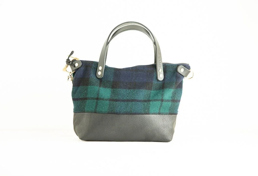 Handmade Pendleton Black Watch Tartan wool Bitsy crossbody purse with dark leather bottom and handles