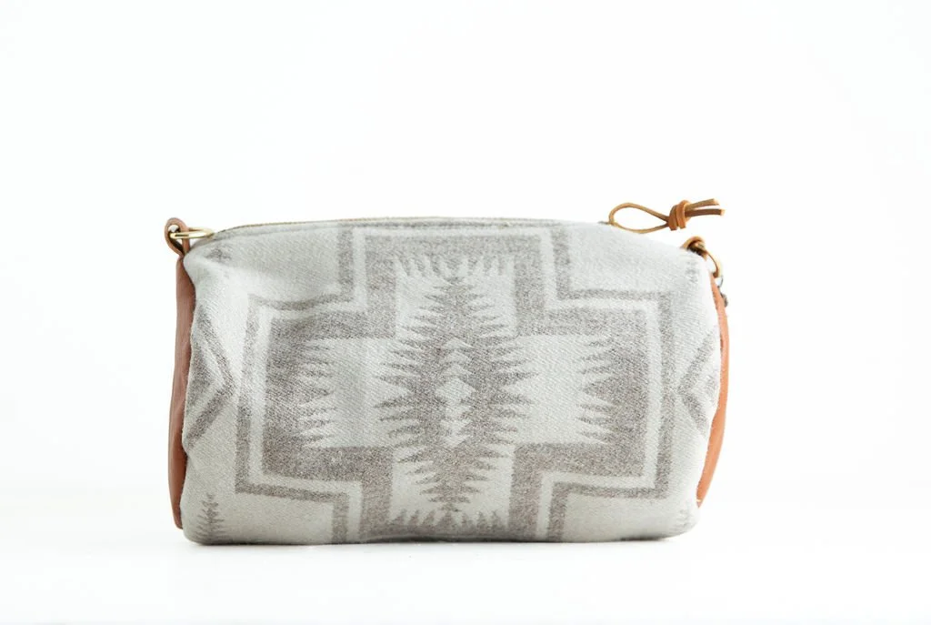 Handmade Pendleton Harding Tonal wool barrel crossbody bag with leather strap and trim, crafted in Portland