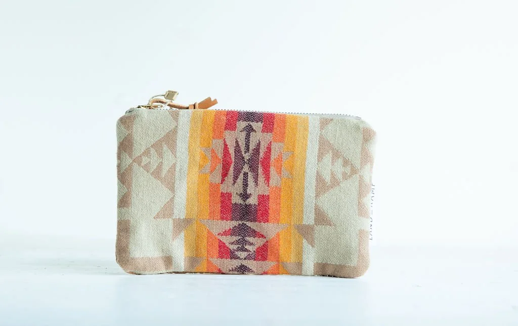 Handmade Chief Joseph Khaki wool carry all zipper pouch with premium leather back, crafted in Portland