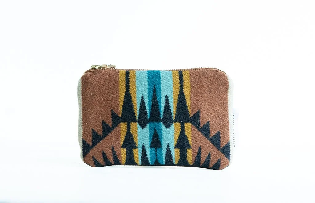 Handmade Rancho Arroyo Black wool carry all zipper pouch with premium leather back, crafted in Portland