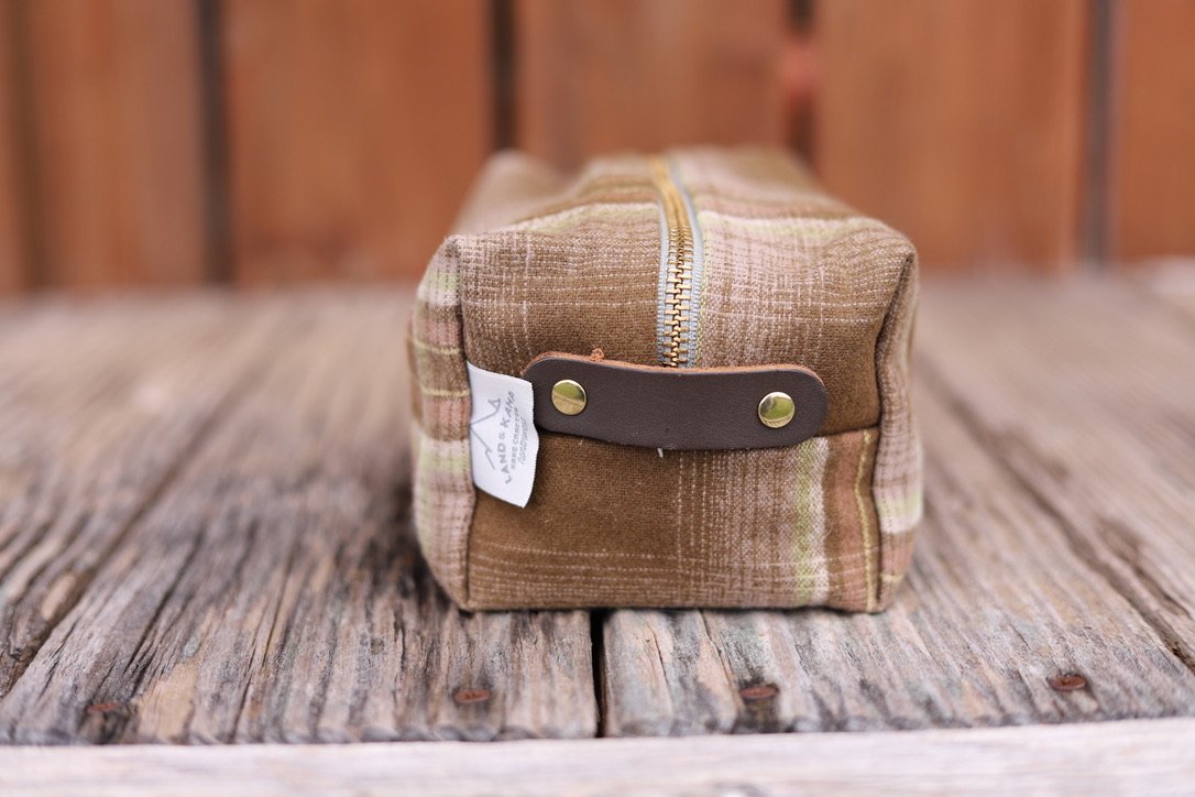 Travel Cosmetic Kit in Light Brown and Green Plaid Wool with Brown Tab