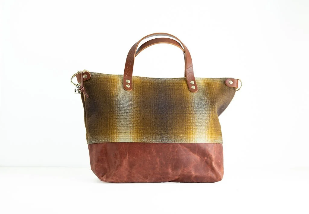 Handmade Brown and Gold Ombre wool crossbody purse with rich brown leather bottom and handles, crafted in Portland