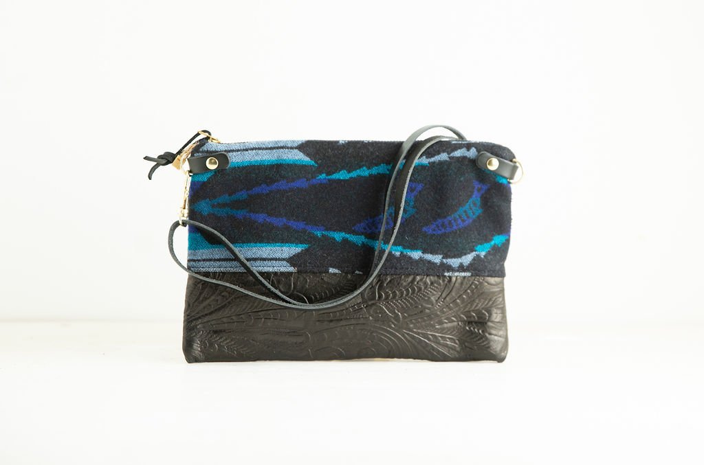 Stamped Leather Detail view of the River Salmon wool 3-in-1 wristlet bag featuring YKK zipper and leather trim by Land & Kamp