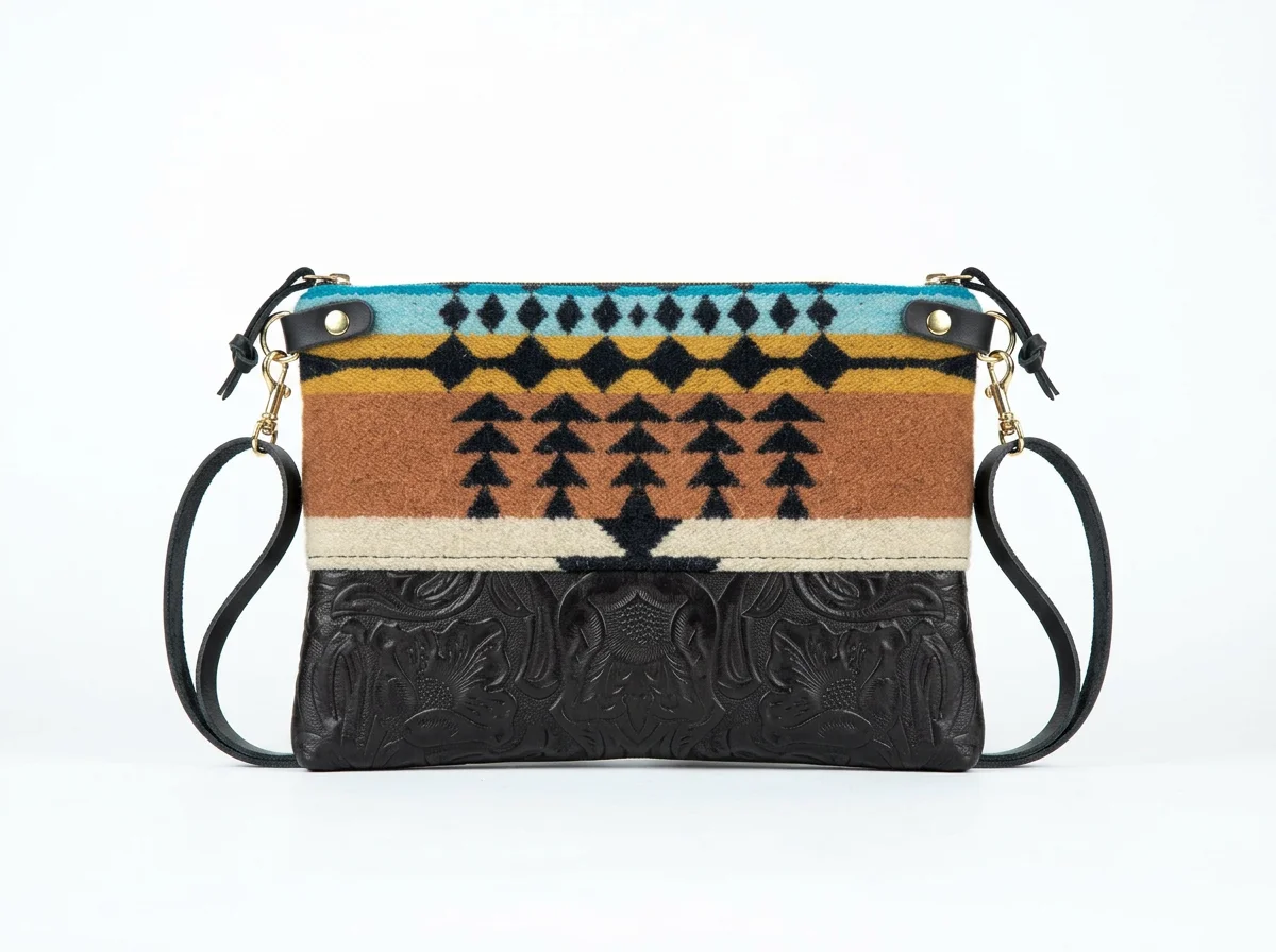 Stamped leather Detail view of the Rancho Arroyo Black wool 3-in-1 wristlet bag featuring YKK zipper and leather trim by Land & Kamp