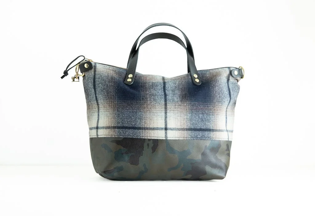 Handmade Blue and Khaki Plaid wool crossbody purse with subtle camouflage leather bottom, crafted in Portland