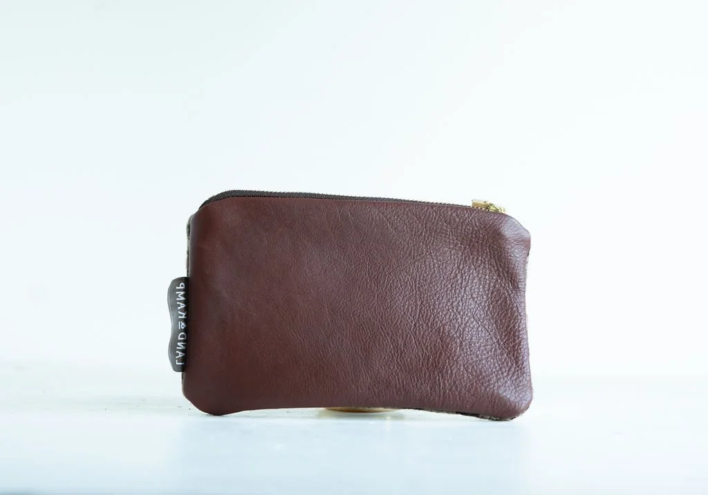 Backside Detail view of the Wilderness wool pouch featuring YKK zipper and leather pull tag by Land & Kamp