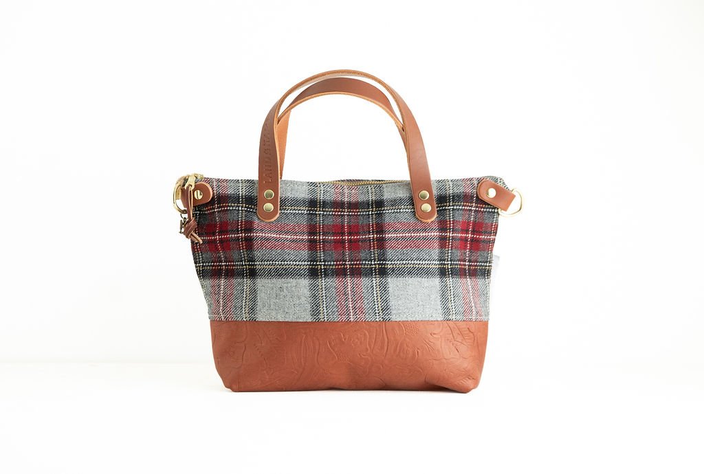 Handmade Pendleton Grey Stewart Tartan wool Bitsy crossbody purse with brown leather bottom and handles