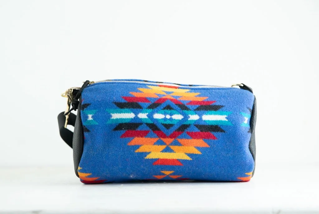 Handmade Pendleton Vintage Estate Blue wool barrel crossbody bag with leather strap and trim, crafted in Portland