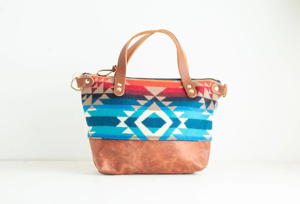 Handmade Pendleton Pilot Rock wool Bitsy crossbody purse with brown leather bottom and handles