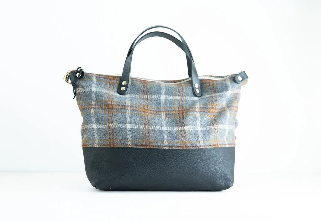 Handmade Grey and Gold Plaid wool crossbody purse with leather bottom and handles, crafted in Portland