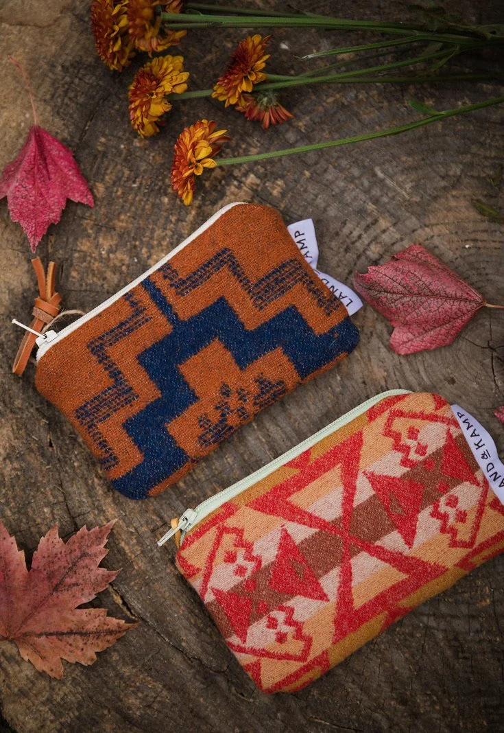 #2 Pattern Handmade Blue and Rust wool card pouch with zipper and leather pull, crafted in Portland