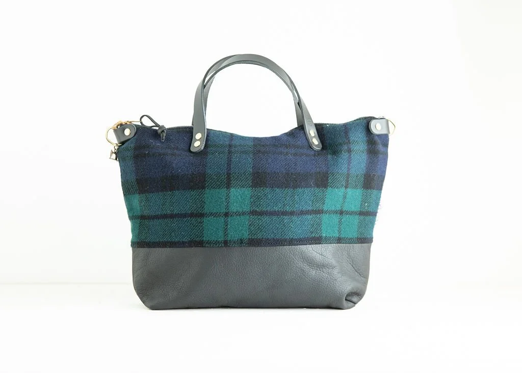 Handmade Black Watch Tartan wool crossbody purse with green and blue plaid and dark leather bottom, crafted in Portland