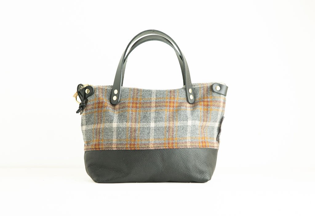 Handmade Pendleton Grey and Gold Plaid wool Bitsy crossbody purse with brown leather bottom and handles