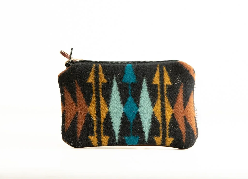 Handmade Rancho Arroyo Black wool card pouch with zipper and leather pull, crafted in Portland