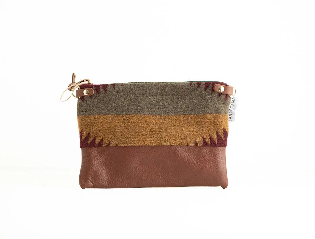 Handmade Sagebrush wool 3-in-1 wristlet purse with leather bottom and strap, crafted in Portland