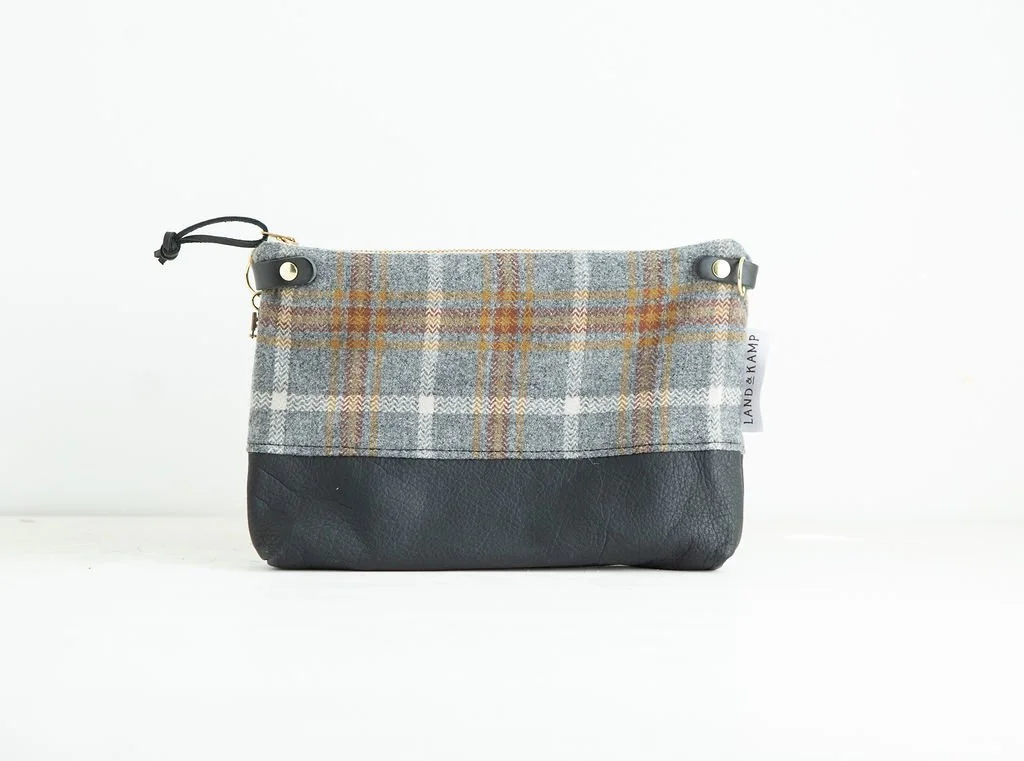 Wool 3-in-1 Wristlet & Crossbody Bag | Grey and Gold Plaid