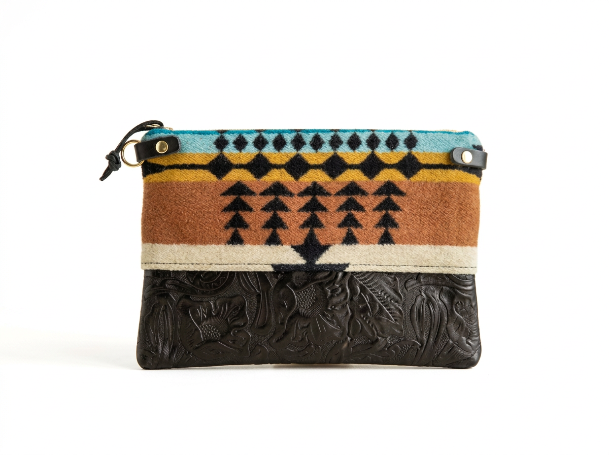 Handmade Pendleton Rancho Arroyo Black wool 3-in-1 wristlet purse with leather bottom and strap