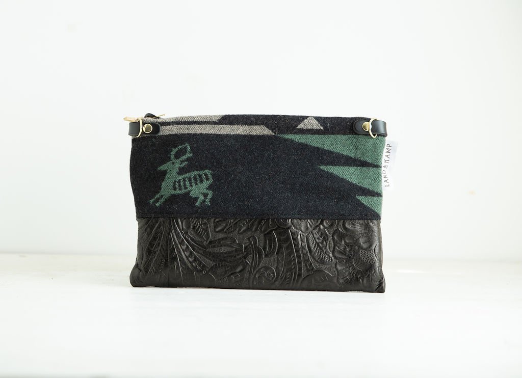 Handmade Forest Stag wool 3-in-1 wristlet purse with leather bottom and strap, crafted in Portland