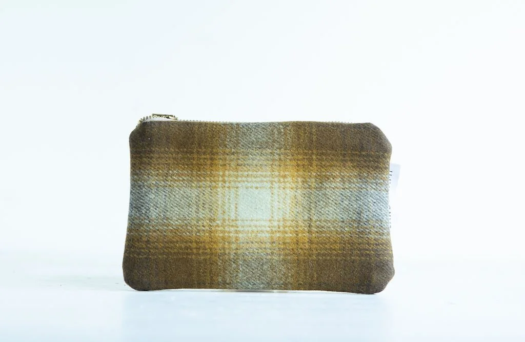 Handmade Brown and Gold Ombre wool carry all zipper pouch with premium leather back, crafted in Portland
