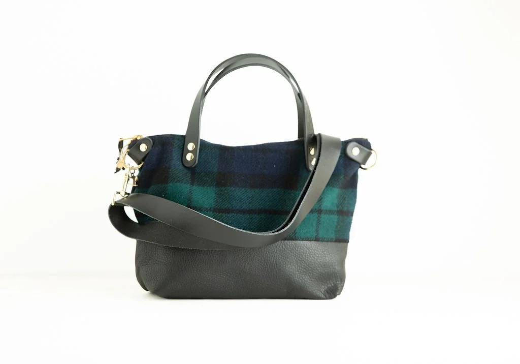 Detachable Strap Detail view of the Wool Bitsy Crossbody Purse | Black Watch Tartan featuring YKK zipper and leather trim by Land & Kamp